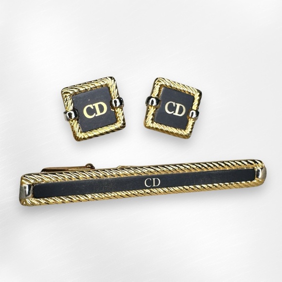 Christian Dior Vintage Cufflinks and Tie Bar / Money Clip Gold Silver & Black - Picture 1 of 14